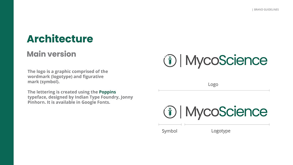 Página cinco del Branding Book de MycoScience. Modernización de imagen de marca