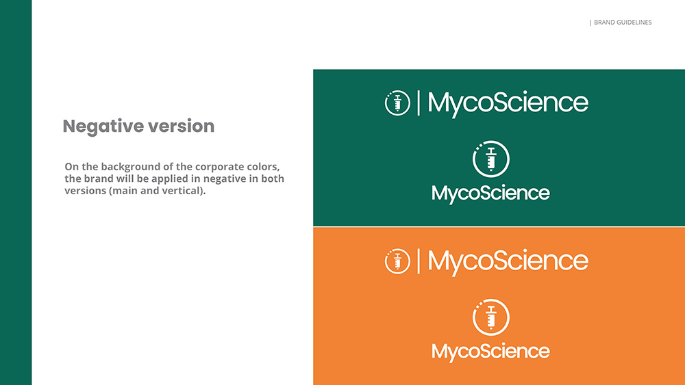 Página siete del Branding Book de MycoScience. Modernización de imagen de marca