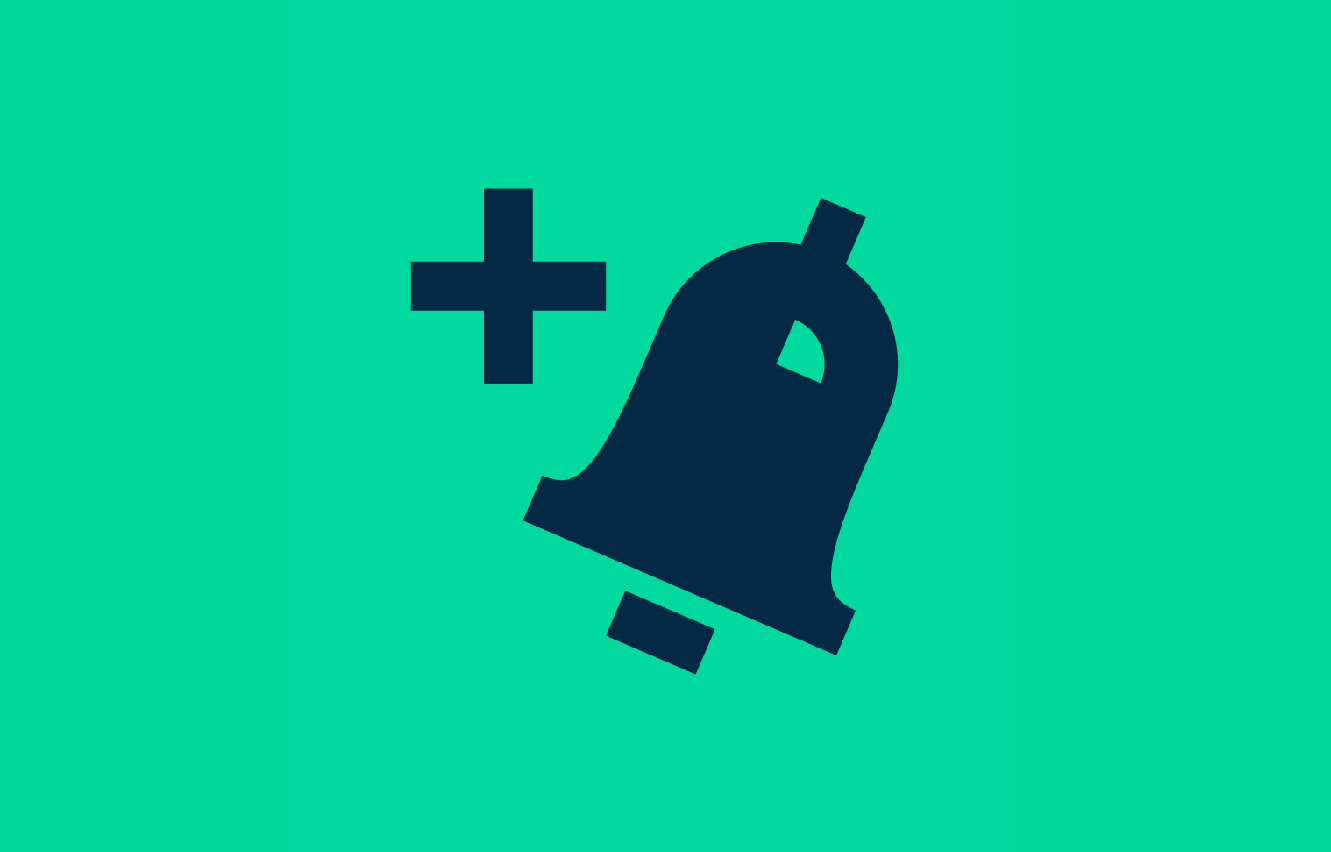 Ícono de una campana y un símbolo "más" utilizado en uno de los pop-ups del sitio web Nacho Jota. Servicios de comunicación y diseño